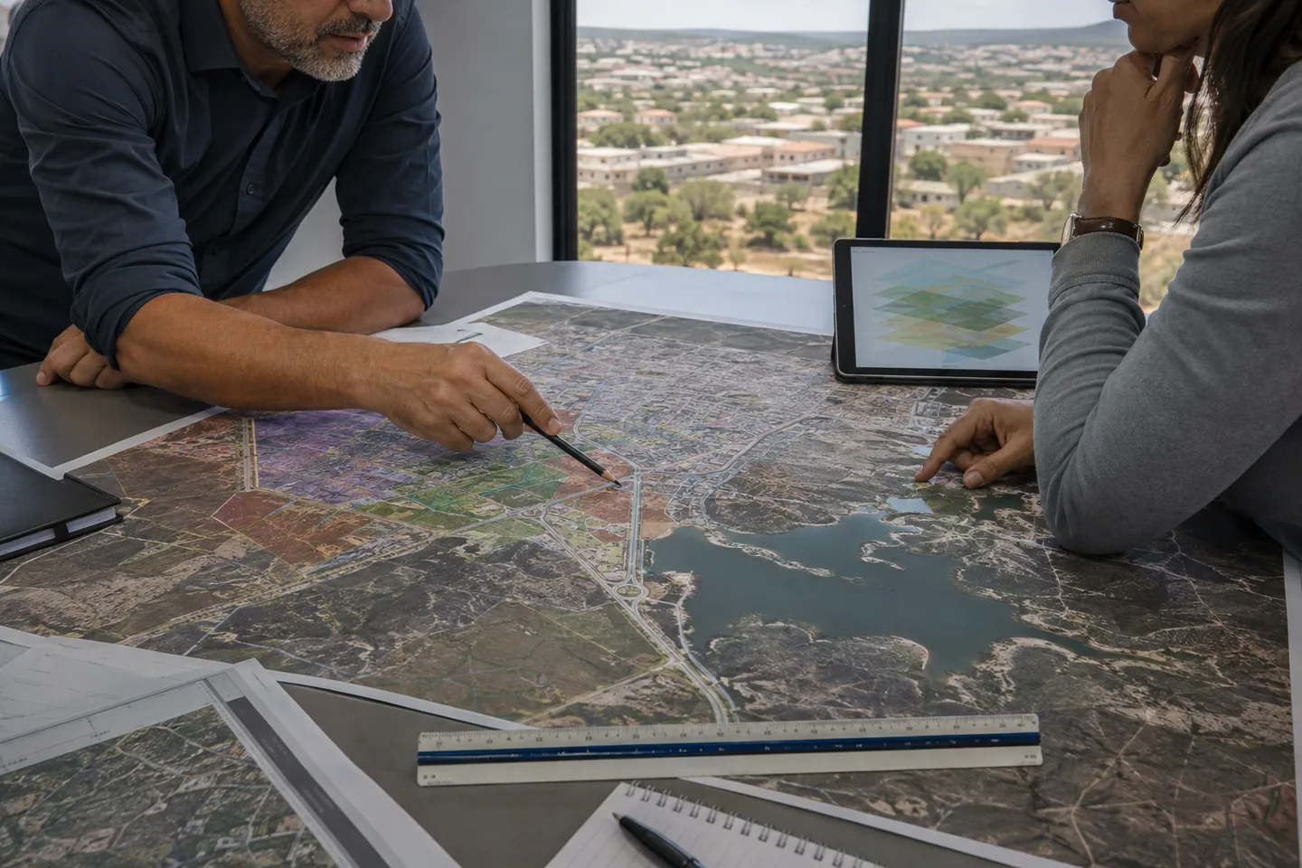 Cena conceitual de análise territorial: mapas, infraestrutura e planejamento público.